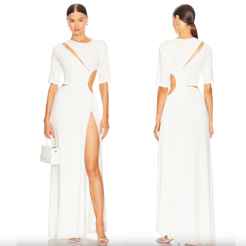 NEW Sid Neigum Gathered Slit Maxi Dress in White Bridal Wedding Gown Medium M